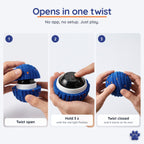 How to open the Zoomipaw ball: twist open, hold the power button 3 seconds, twist closed