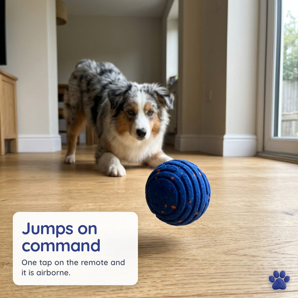 Zoomipaw ball jumping on command in front of an Australian shepherd