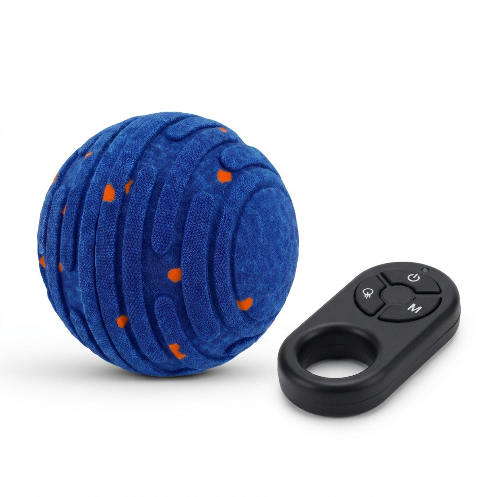 Zoomipaw jumping dog ball with its three-button remote on a white background