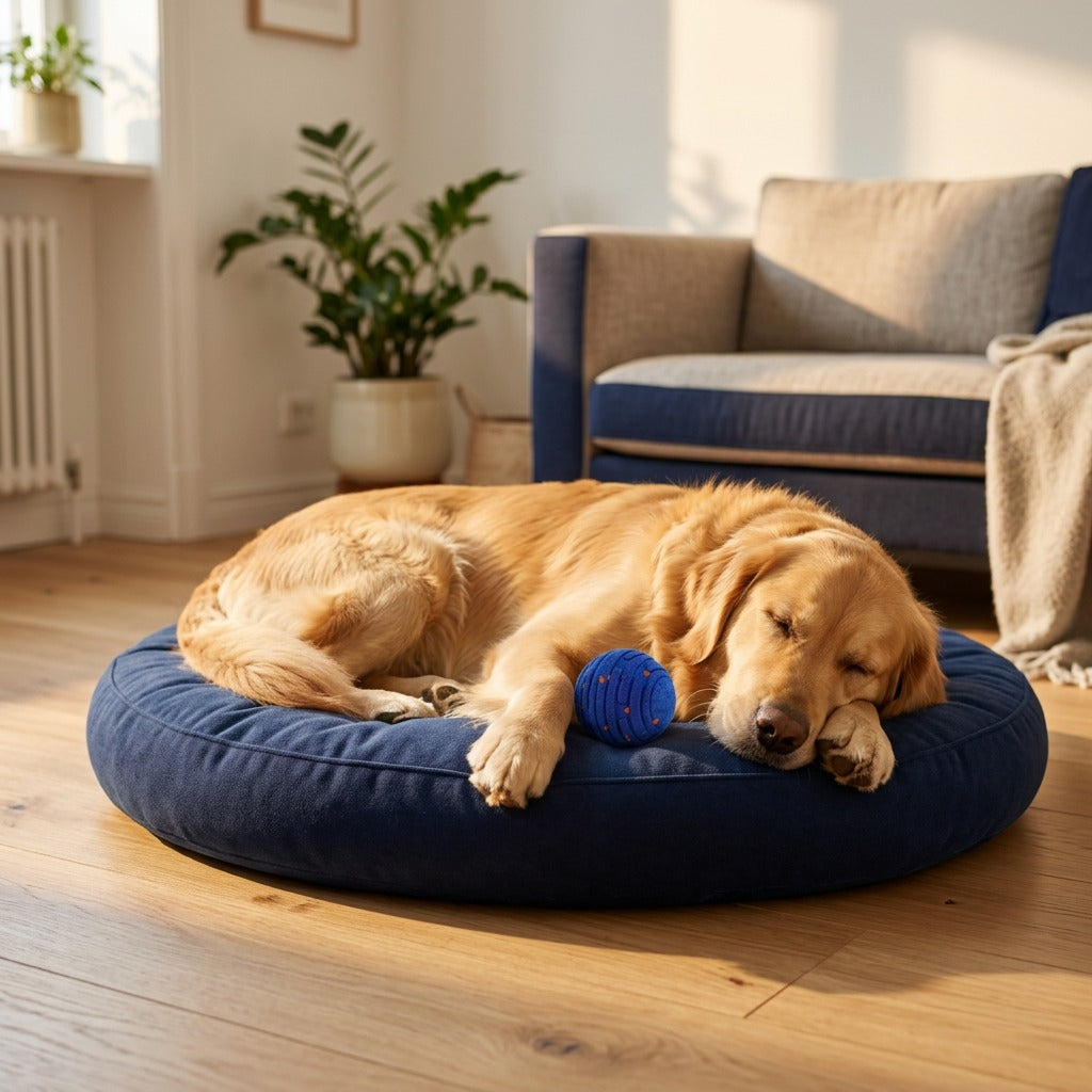 Tired, happy golden retriever asleep on a navy bed next to the Zoomipaw ball