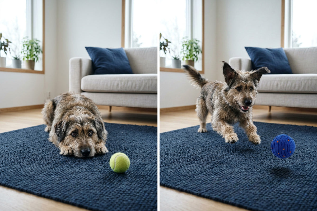 Bored dog with a regular ball next to the same dog playing with the Zoomipaw ball