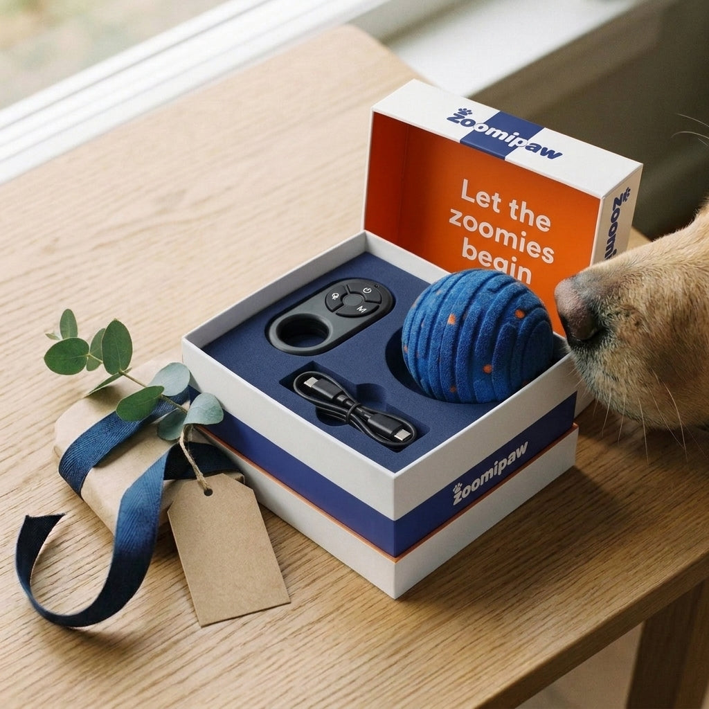Open Zoomipaw gift box with the ball, remote and USB-C cable, a dog sniffing the ball