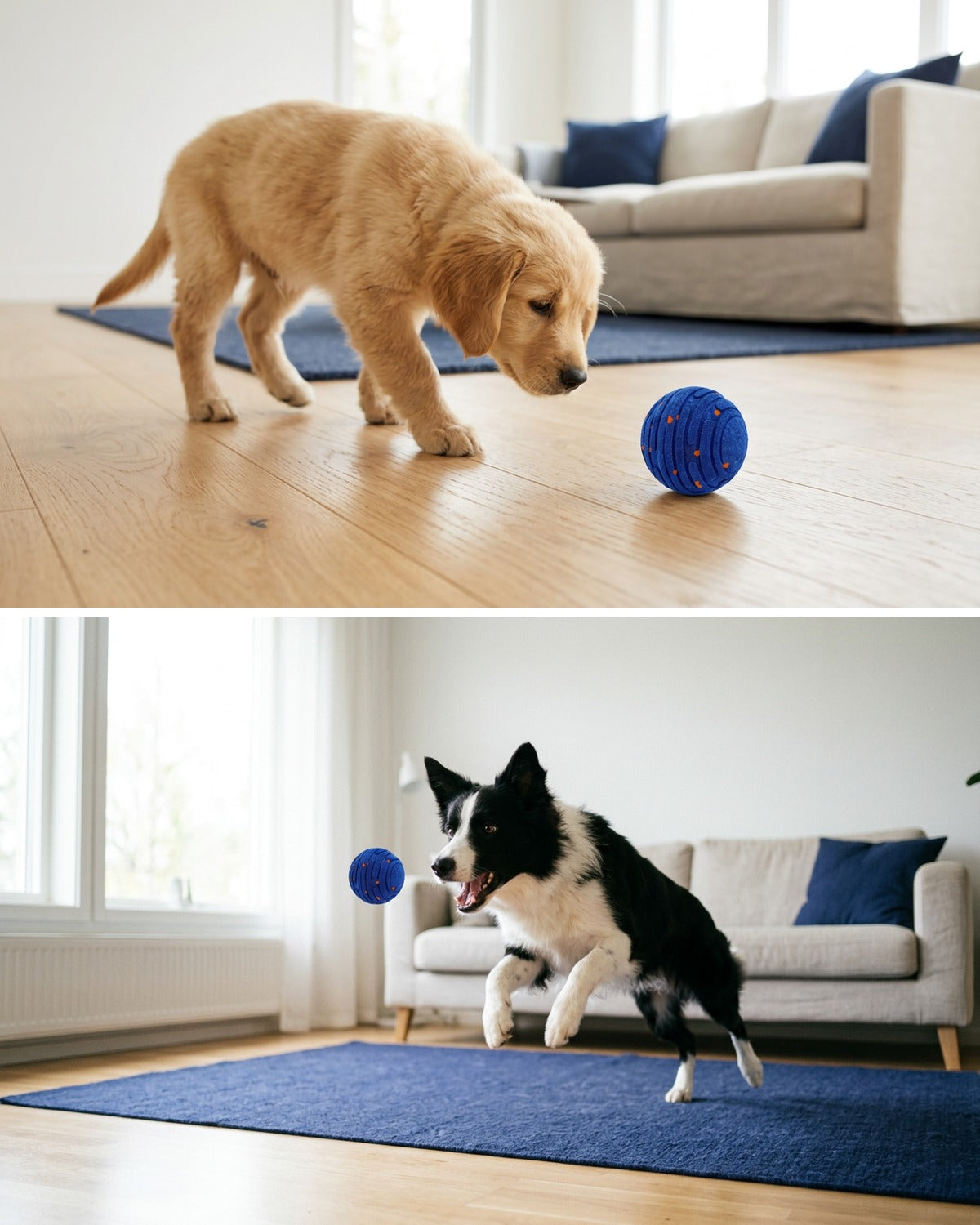 A puppy gently following the Zoomipaw ball and a border collie leaping to catch it