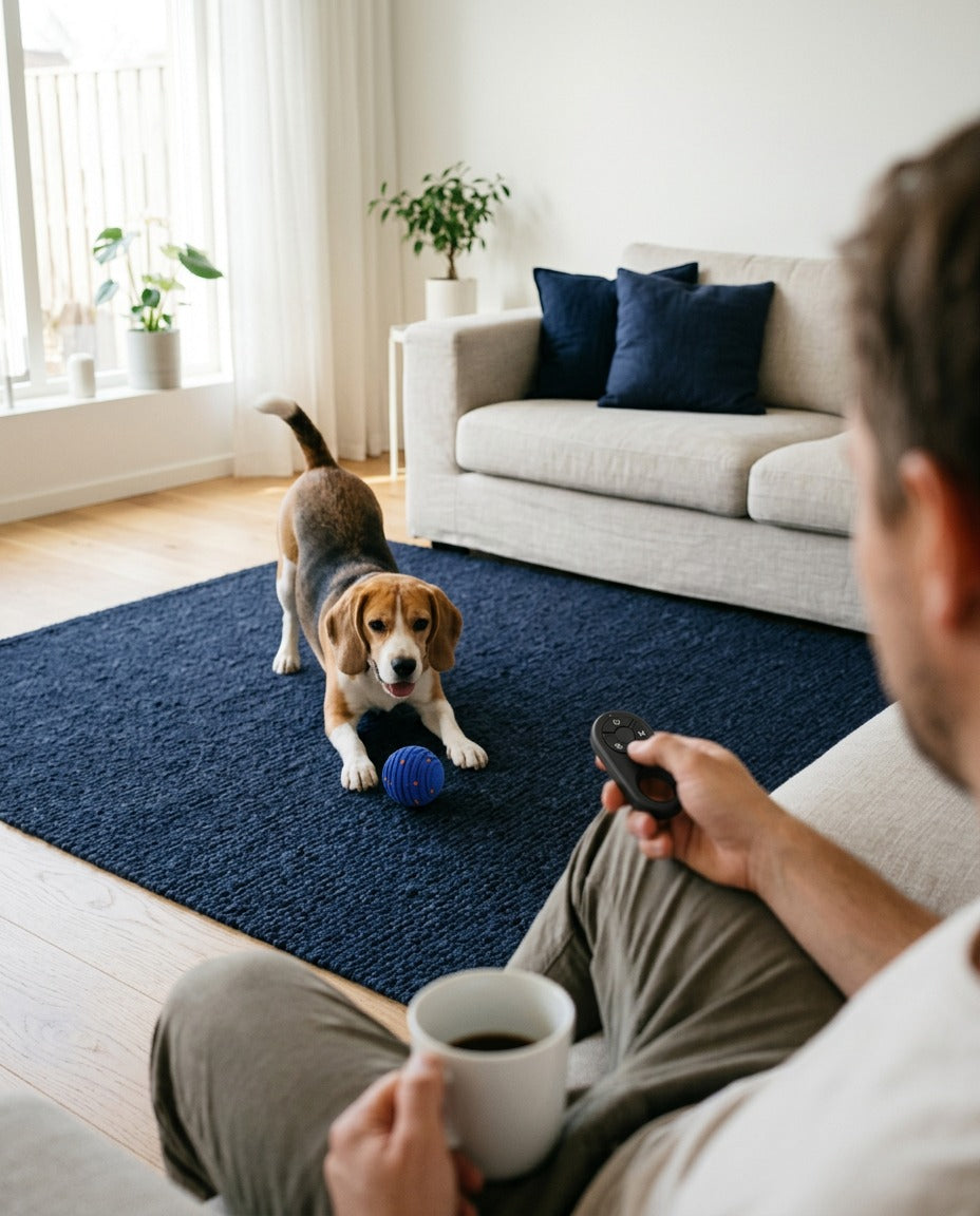 Relaxing on the sofa with coffee and the remote while a beagle plays with the ball