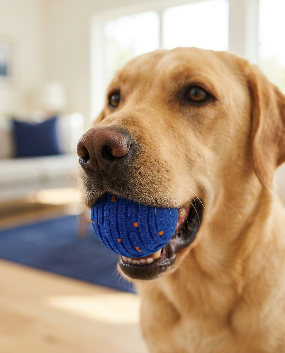 Labrador gently carrying the soft ETPU Zoomipaw ball