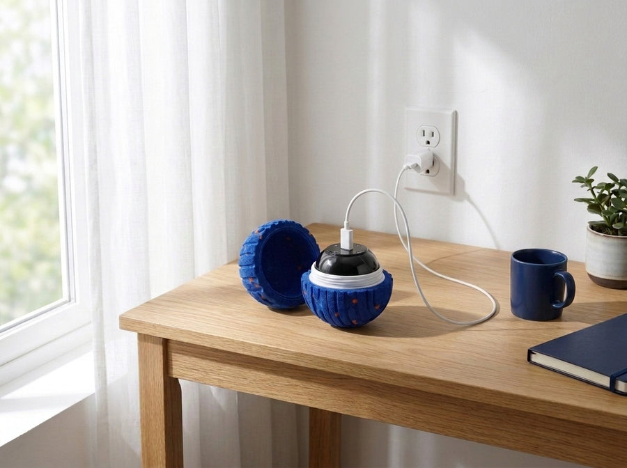 Zoomipaw ball open on a desk by the window, USB-C cable plugged into the top of the core and into the wall