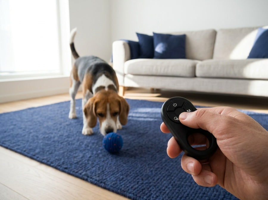 Thumb on the mode button while a beagle sniffs the ball