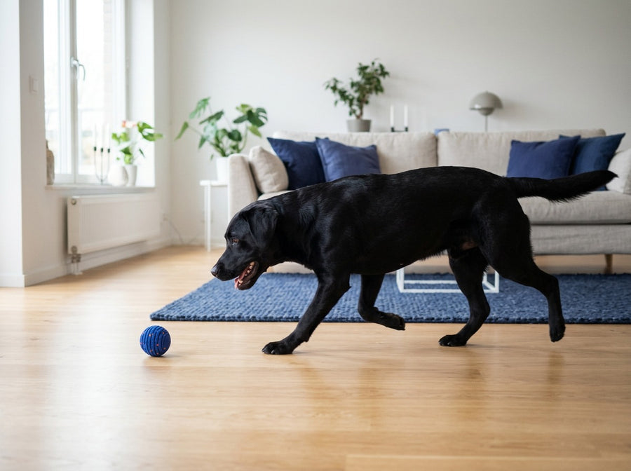 Black labrador chasing the rolling Zoomipaw ball