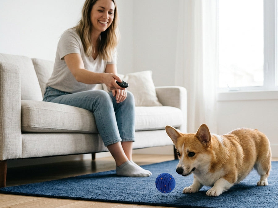Woman on the sofa using the remote as the ball hops in front of a corgi
